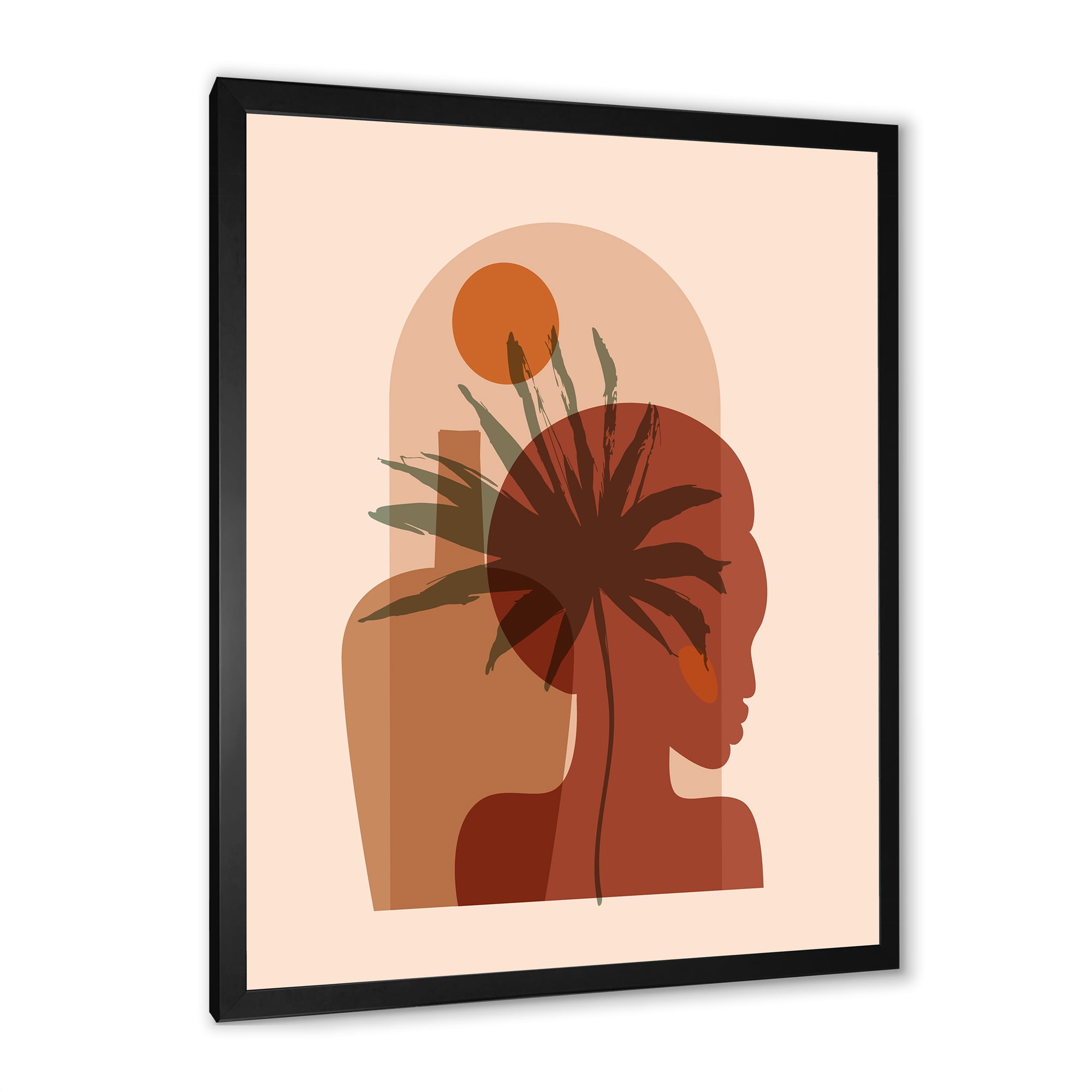 Designart 'Abstract Pretty Girl Portrait and Tropical Palm Leaf' Modern Framed Art Print