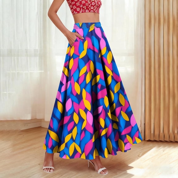 ClodeEU Printed High Waist Long Boho Skirts for Women , Elastic Waist A-Line Maxi Skirt with Pockets and Ruffle Hem Multicolor,Womens Plus XXL