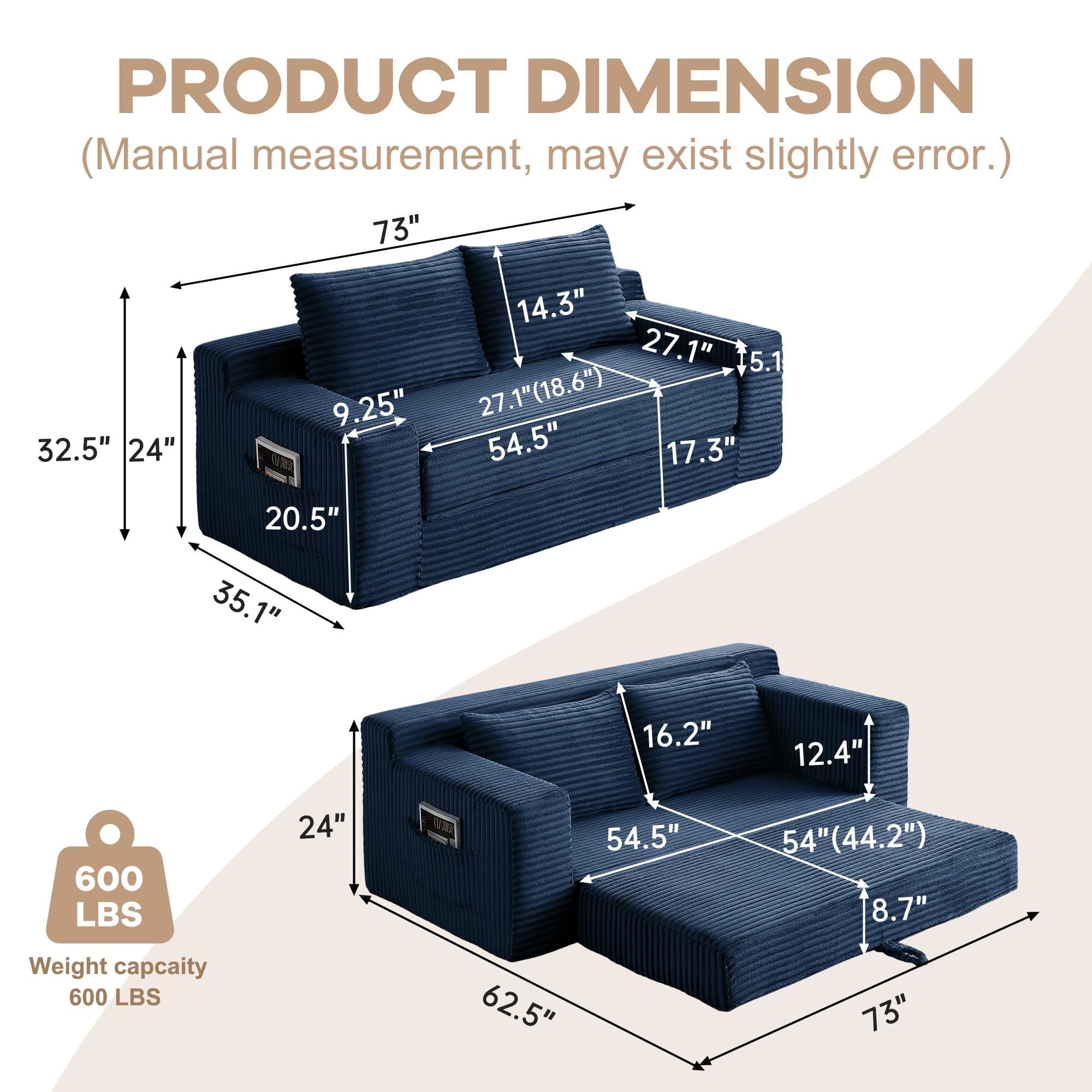 Aukfa 73" Chaise Futon Convertible Sofa Bed Boneless Couch, 2 Pillows&Side Pockets, Queen Size, Corduroy, Blue