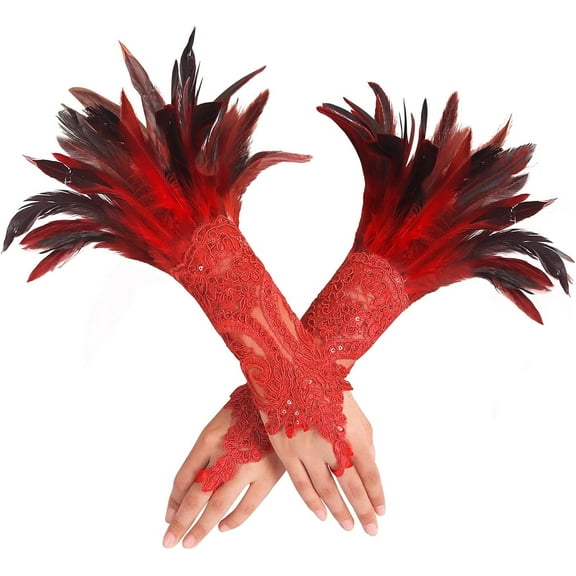 VZQI Women Black Lace Feather Gloves Witch Angel Costume Accessories Swan Wings Wrist Bands