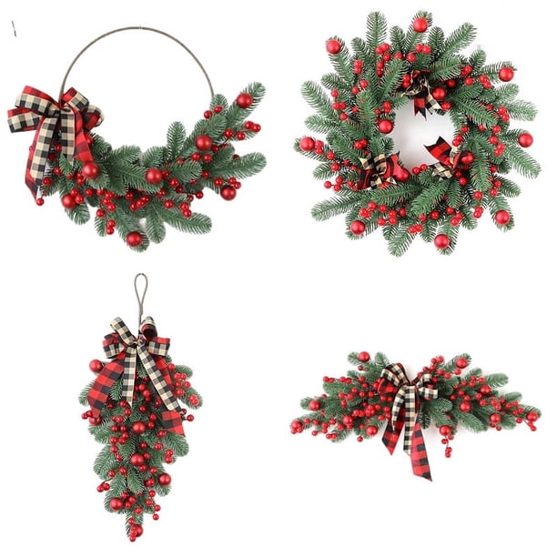 Guirnalda navideña de frutos rojos, agujas de pino artificiales, vegetación navideña (siempre verde), decoración para repisa de chimenea apagada y decoración navideña para el hogar, decoraciones para