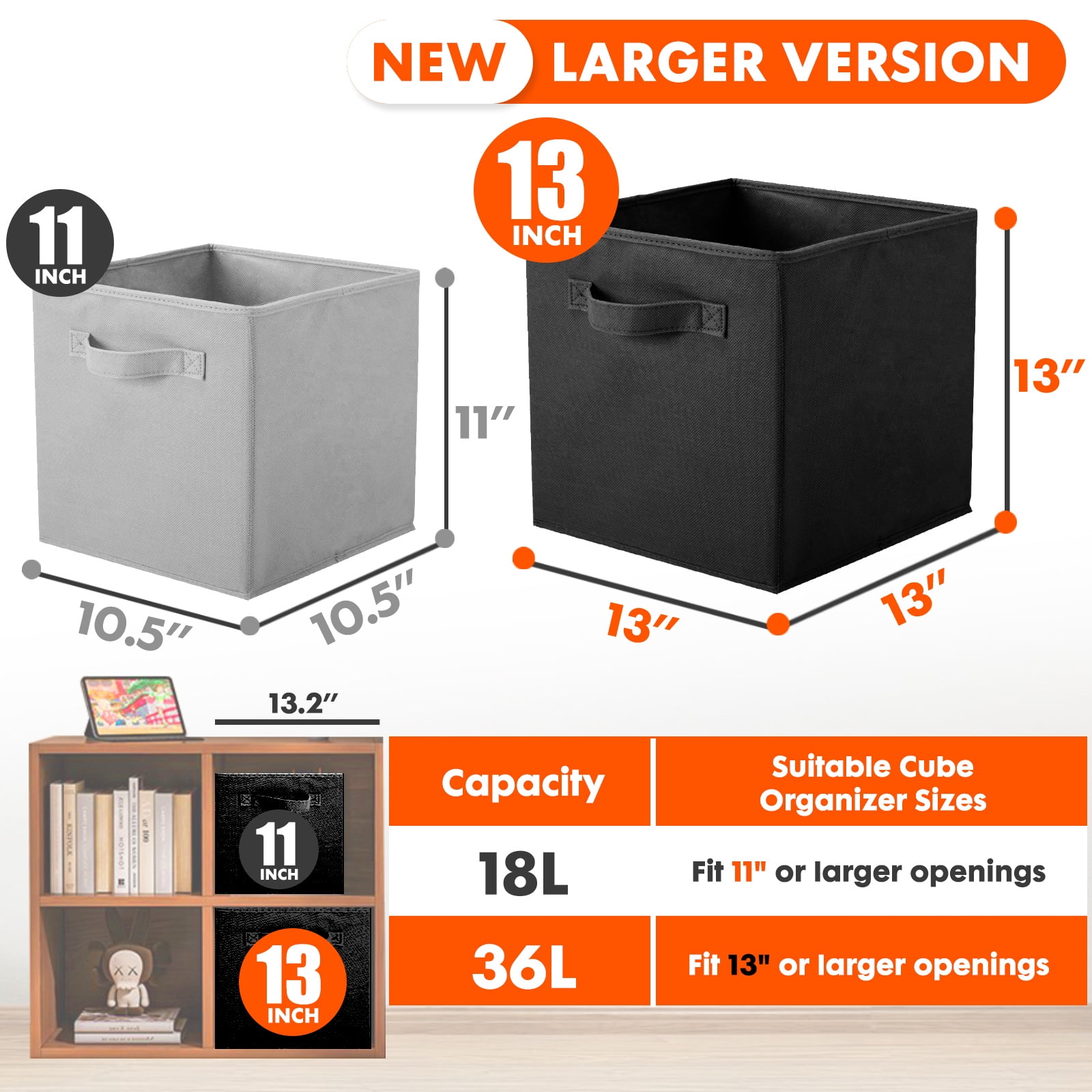 PinkSheep Collapsible Fabric Cube Storage Bins, Foldable Storage Cubes Organizer Bins Basket(13" x 13"), Black, 6 Pack