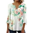 thumbnail image 3 of Pompotops Women's Casual Trumpet 3/4 Sleeve Printed Buttoned Basic Ruched Tops Pleated Blouses Clearance, 3 of 6