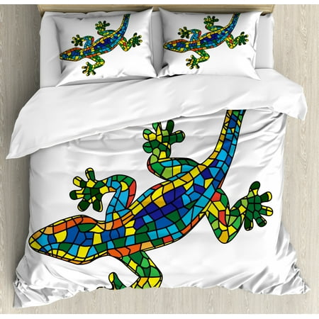 Iguana Duvet Cover Set, Geometric Mosaic Style Stained Glass Pattern Animal Exotic Design Ornamental Motif, Decorative Bedding Set with Pillow Shams, Multicolor, by