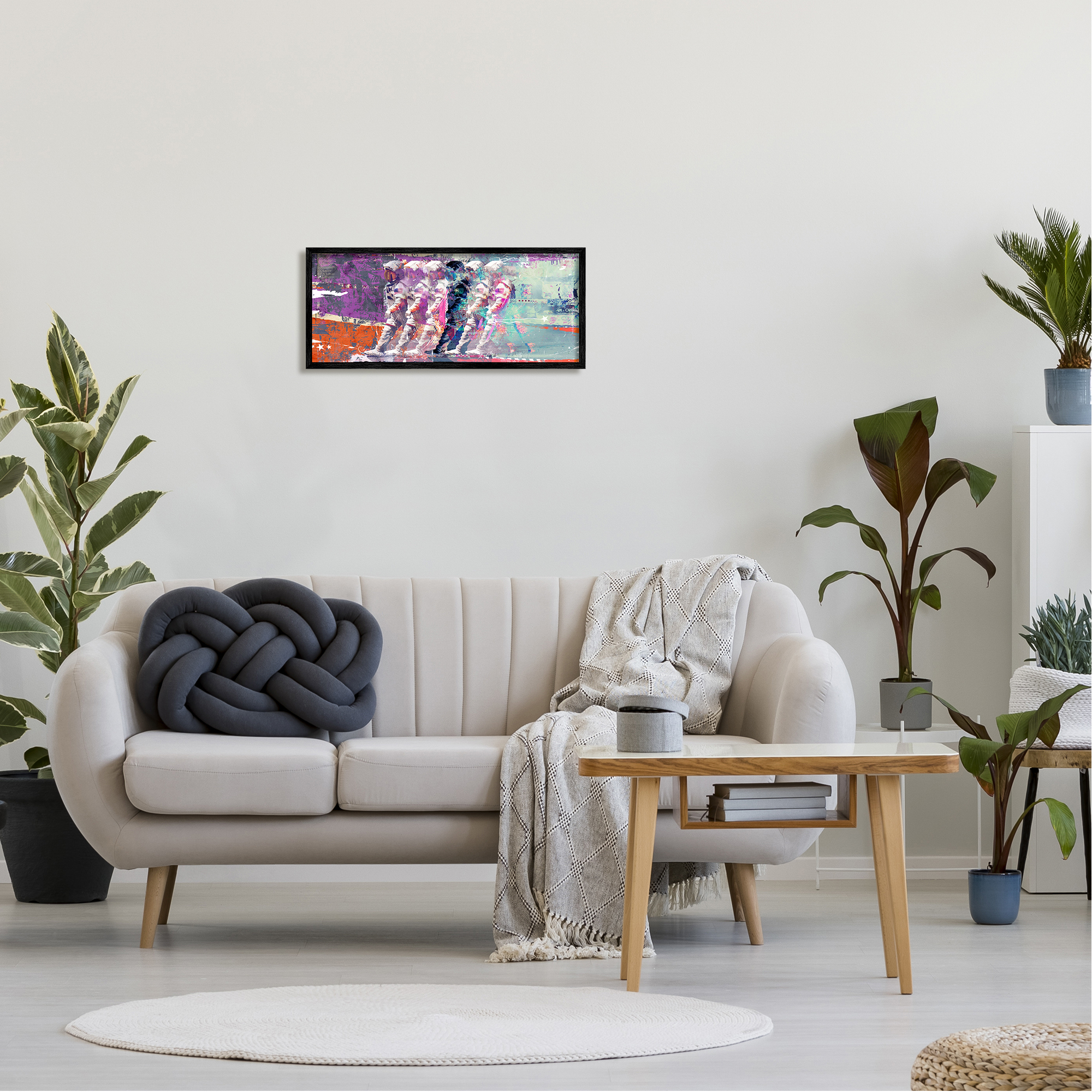 Stupell Industries Abstract Astronaut Collage Abstract Painting Black Framed Art Print Wall Art, 24 x 10