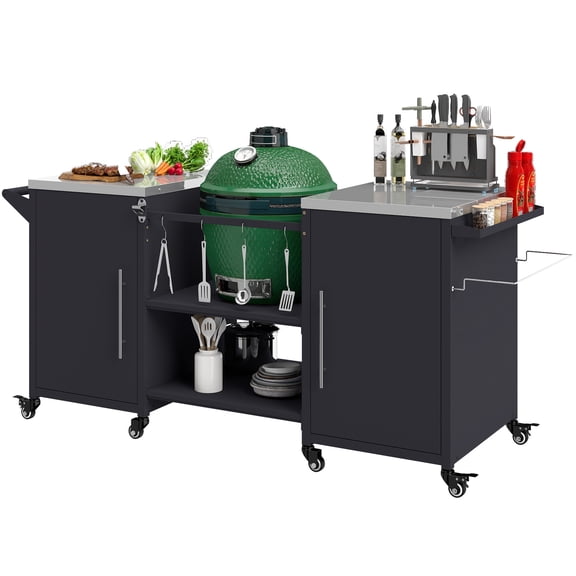 FOOWIN 63" Outdoor Grill Table for Big Green Egg，Heavy-Duty Metal Grill Cart with Rain Cover, with Storage Cabinet and Stainless Steel Top, Black