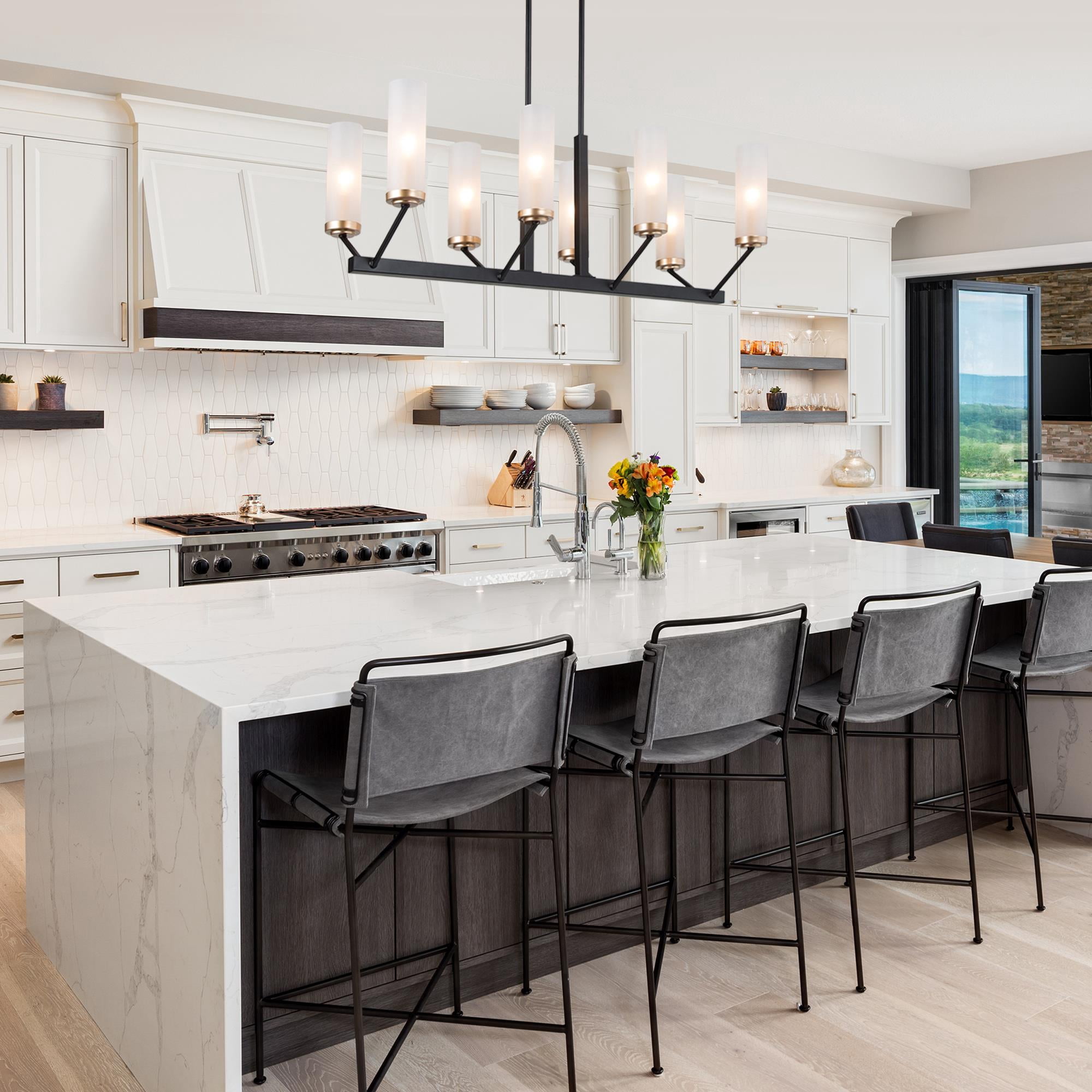 LNC 8-Light Black and Gold Linear LED Pendant with Frosted Glass for Kitchen Island