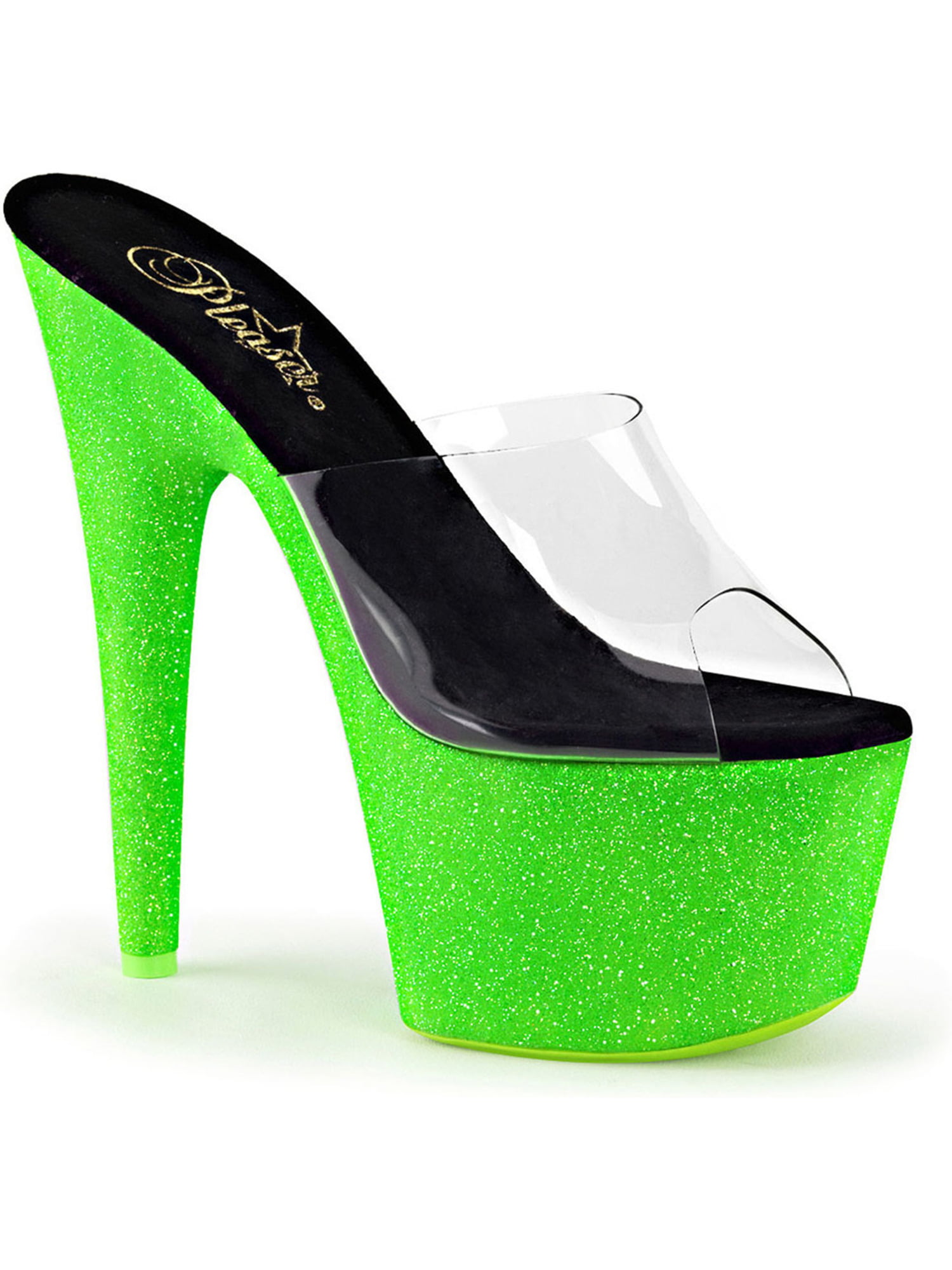 Womens Neon Green Heels Slide Sandals UV Reactive Shoes Glitter 7 Inch ...