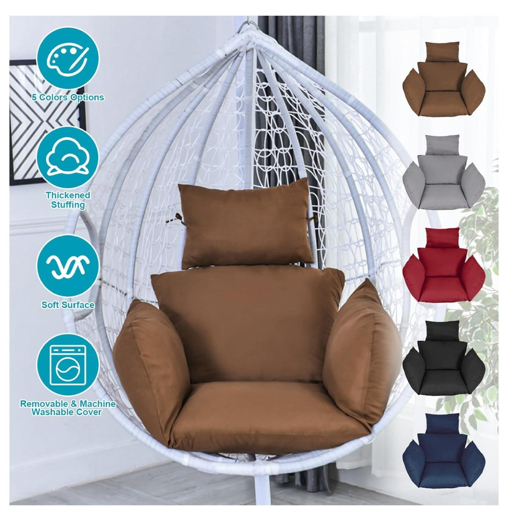 Outdoor Egg Chair Cushion, Soft Hanging Egg Chair Cushion Replacement, Washable Chair Pads with Ties, Thicken Basket Chair Cushion Patio Garden Hammock Chair Pads(Black)