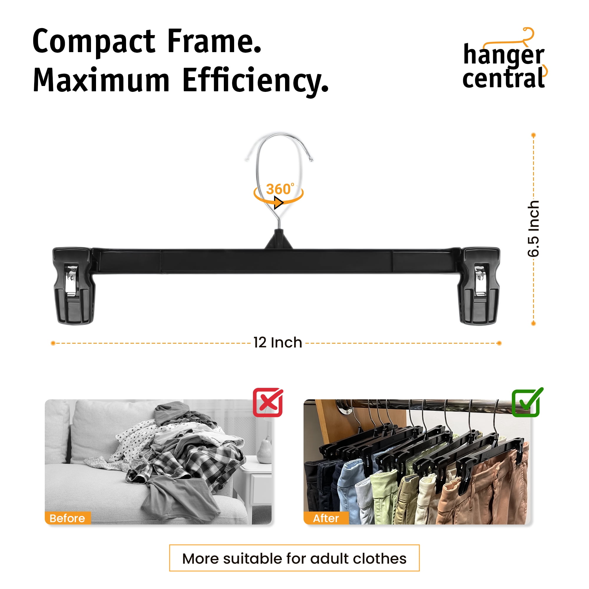 Hanger Central 50 Pack Black Plastic Pants And Skirt Hangers 12 inch