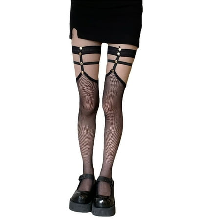 

Women Sexy Sheer Fishnet Thigh High Stockings with Metal Studs Garter Belt Thigh Ring Top Punk Mesh Over Knee Long Socks