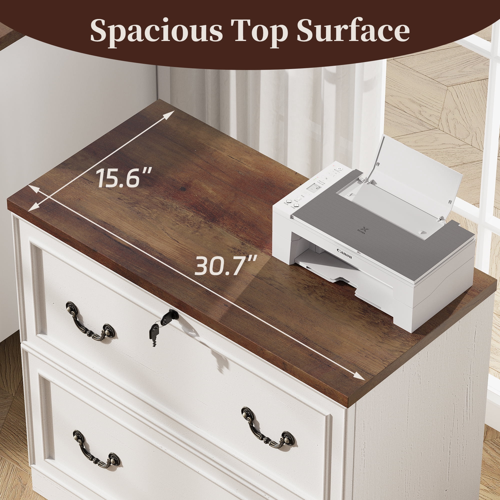 HMstone Farmhouse File Cabinet with Lock, 2 Drawer Lateral File Cabinet for Printer Stand, Large Wood Filing Storage Cabinet for Home Office, Fits A4/Letter Size Files, White