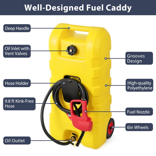 BeesClover Réservoir de Carburant Portable de 15 Gallons avec Roues, Chariot à Essence Rouge avec Pompe Manuelle à Siphon et Boyau de 10 Pi, Poignée en T pour Transport Facile, Inclus pour Voitures, VTT, Bateaux