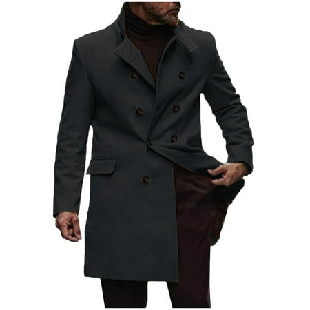 IYTR Men s Double Breasted Peacoat Lapel Solid Color Long Sleeve Coat Winter Warm Overcoat Long Trench Coat Black XL