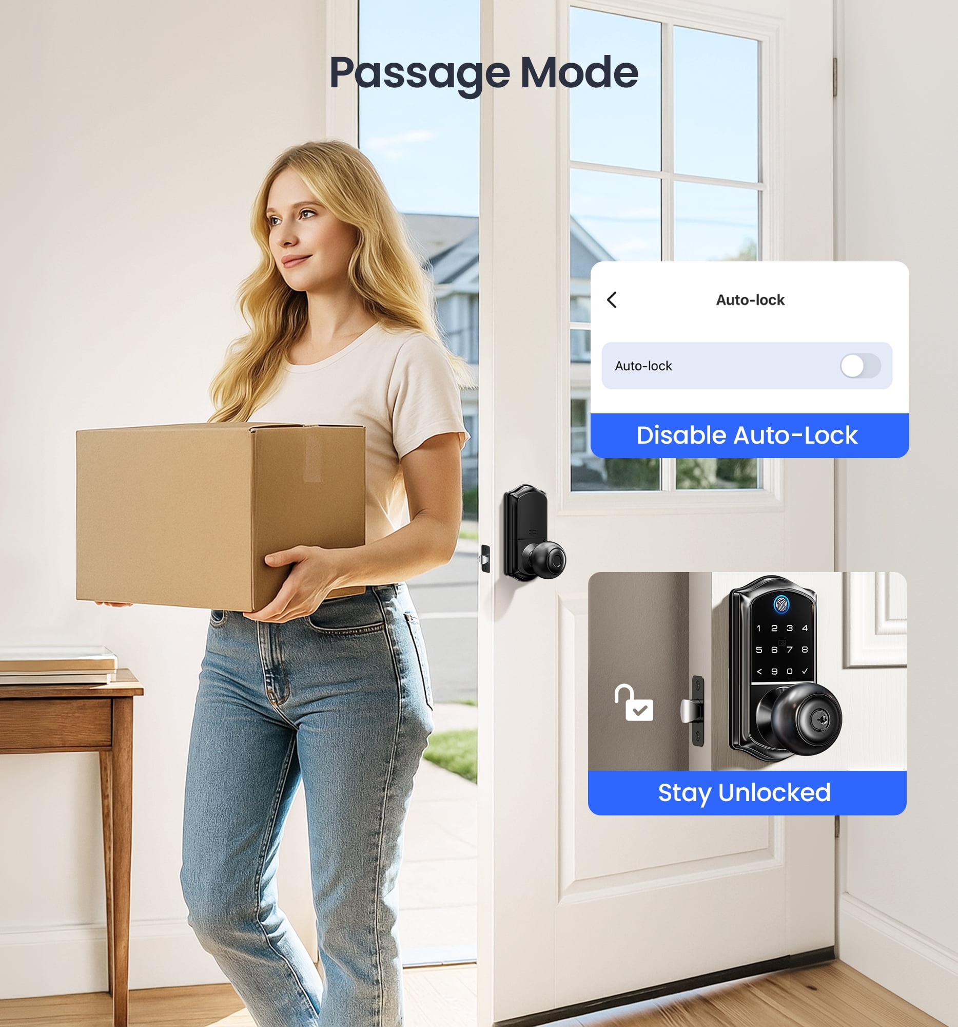 Veise Fingerprint Smart Knob Handle Lock, Keyless Entry, App Control, Electronic Digital Keypad, Auto Lock, Matte Black