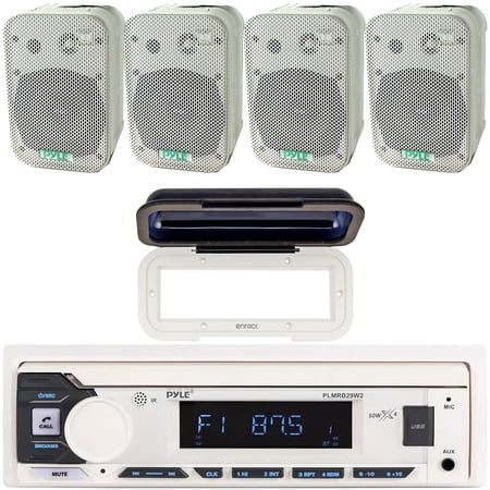 Pyle PLMRB29W2 Single DIN Marine Bluetooth USB/AUX MP3 Player AM/FM In-Dash Stereo White Receiver w/White Radio Shield Cover 4x 5.25 400 Watt Max Power Indoor/Outdoor White Waterproof Speakers
