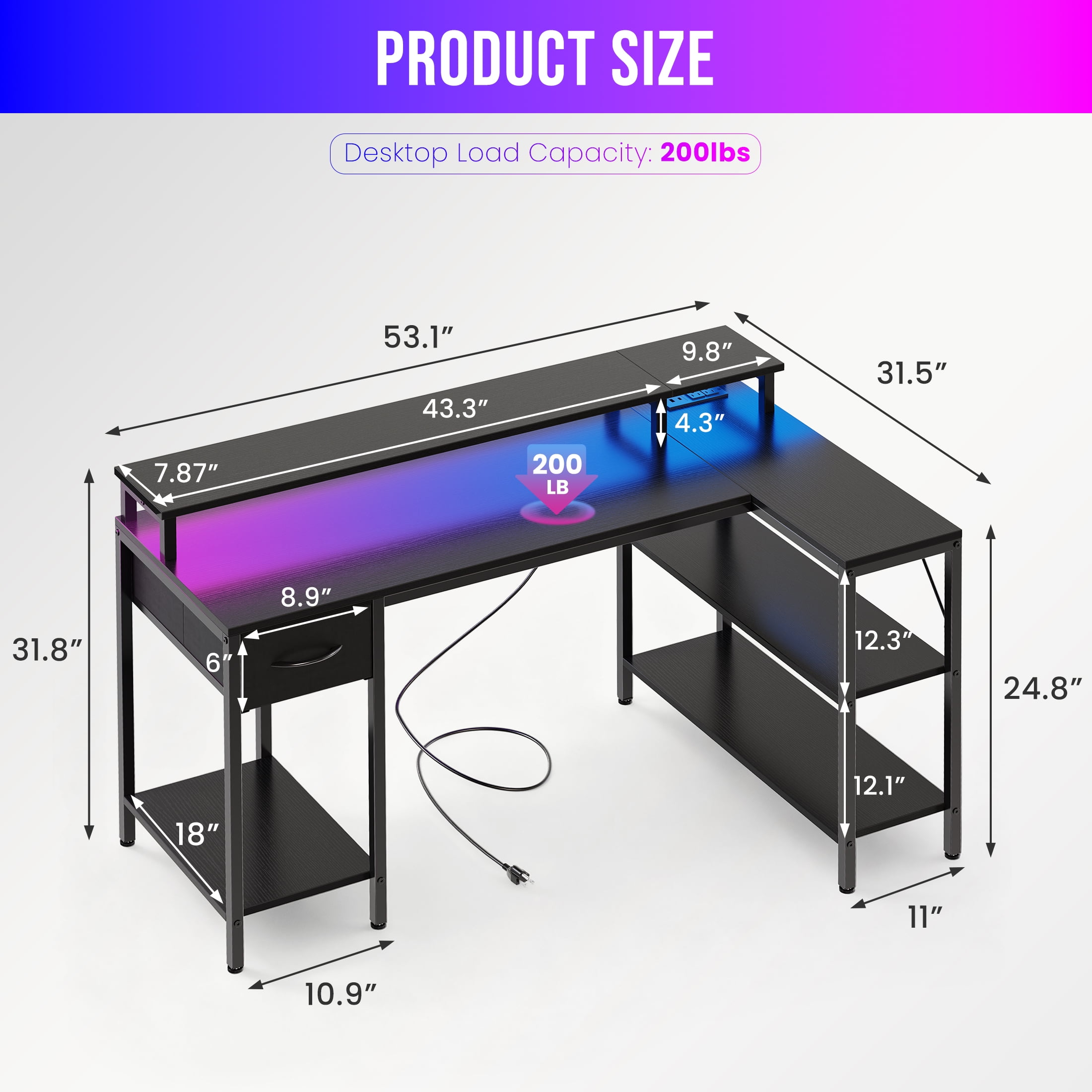EDX 53 Inch L Shaped Gaming Desk with Power Outlet & LED Light, Reversible Computer Desk with Shelves & Monitor Stand, Corner Desk with Drawer for Home Office, Black