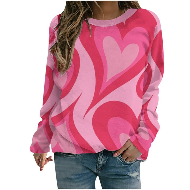 VALMASS Chandails en Molleton de la Saint-Valentin pour Femmes Manches Longues Col Rond Décontracté Mode Ample Blouses (TG, Rose-D)