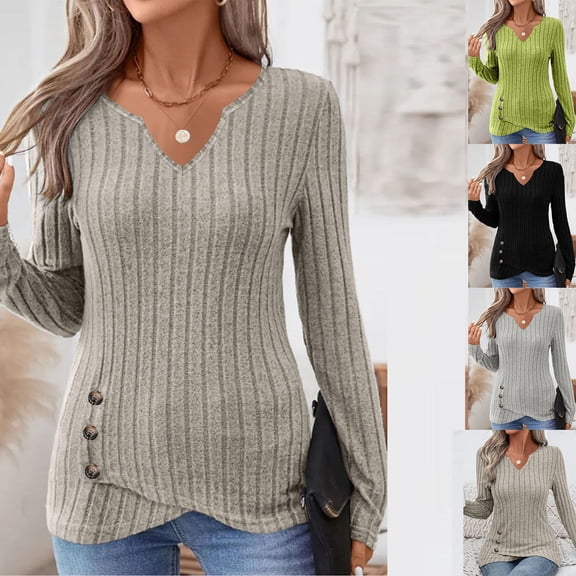 UTSJKR Tunic Sweaters for Women Long Sleeve Shirts V Neck Tops with Buttons Spring Fall Fashion Outfits Winter Clothing Khaki M