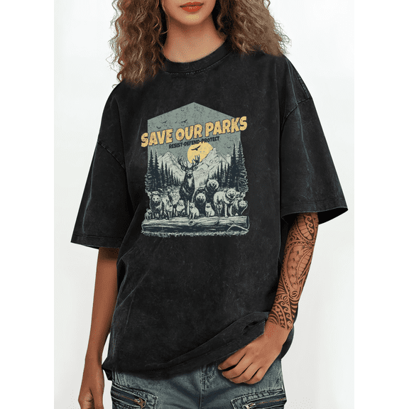 Women's Edgy Outdoor "Save Our Parks Resist Defend Protect" Wildlife Graphic Casual Washed T Shirt Cotton Black S-2XL Plus Size