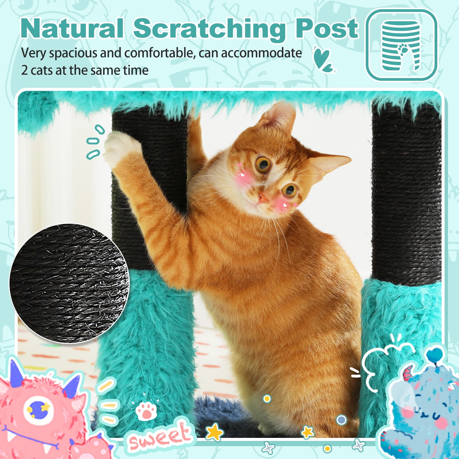 Pefilos 28" Tall Cartoon-Themed Cat Tree, 2 in 1 Cat Scratching Post with Condo, Artistic Modeling Playing Tower with a Soft Removable Cat Bed, Blue