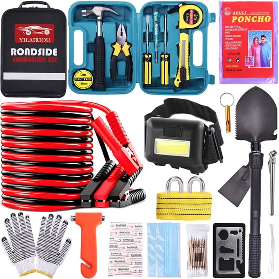 YILAIRIOU Emergency Roadside Kit for Car - Roadside Safety Tool Kit,with Jumper Cables Car Kit Headlamp Folding Shovel Safety Hammers Tow Rope, Emergency Roadside Car Kit