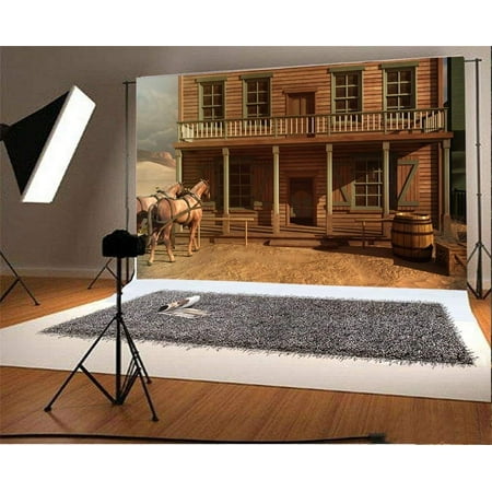 Image of ABPHOTO 7x5ft Photography Backdrop Ancient Western Vintage Wooden House Bar Horse Scene Photo Background Backdrops