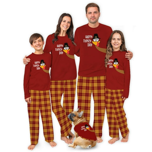 Jenny Family Thanksgiving Pajamas, Funny Happy Turkey Day Print Red Long Sleeve Shirt Plaid Pants, 2-Piece, Sizes Infant-Adult 6XL, Cotton Blend