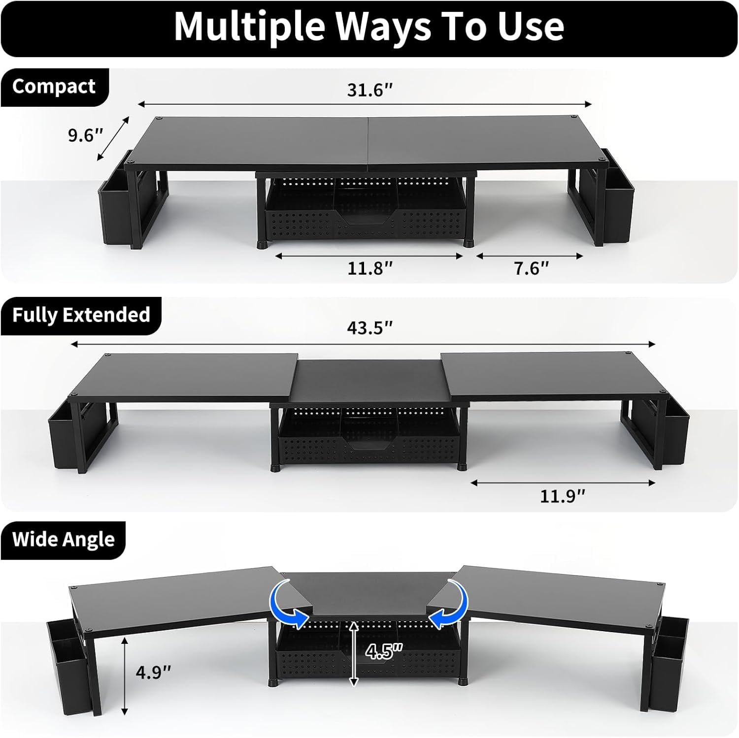 Dual Monitor Stand Riser with Drawer and Pen Holders, Metal Desk Shelf Organizer for Office Workspace, Green Desktop Storage