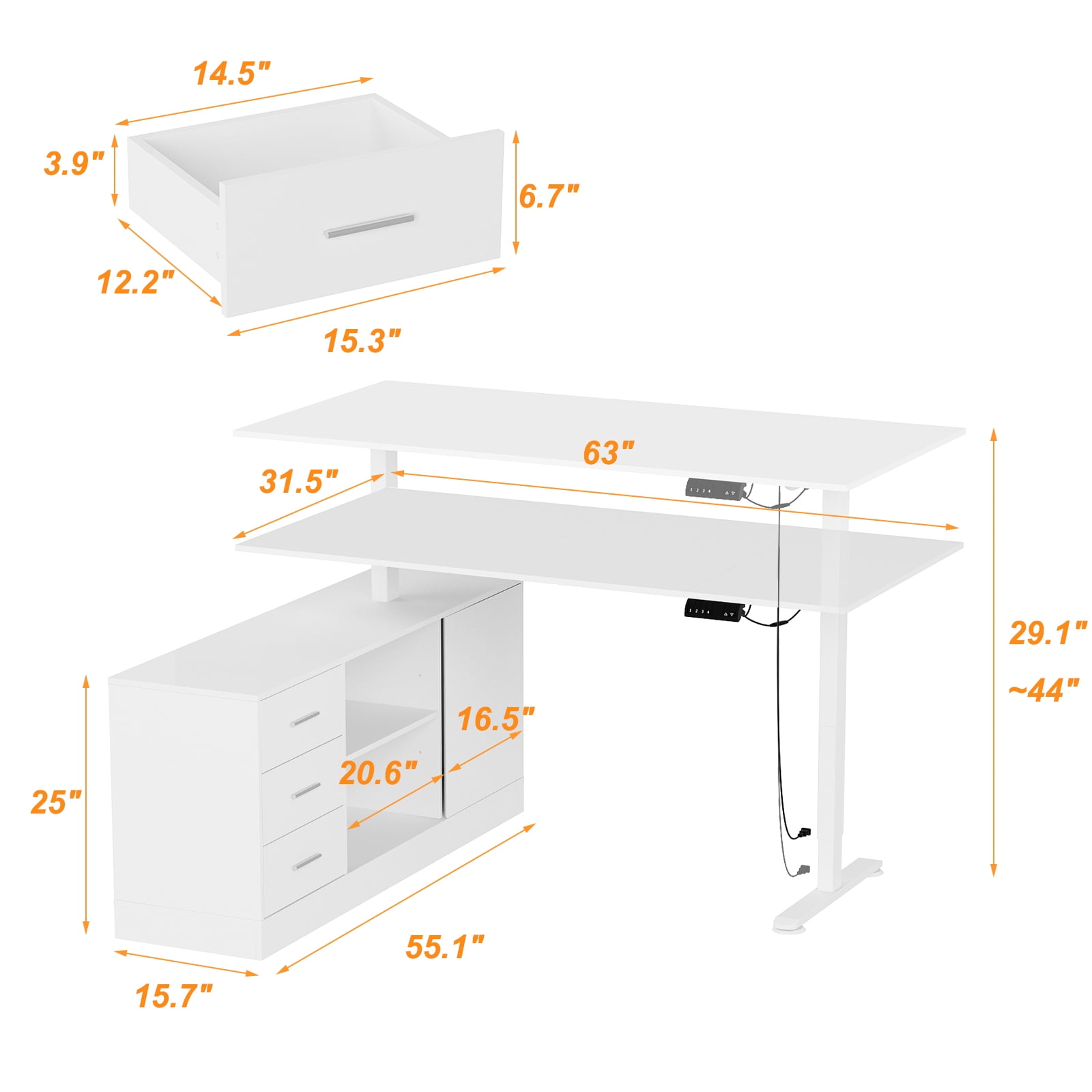 KULAGAGA Height Adjustable Electric Standing Desk with File Cabinet, 55.1 in x 63 in, White