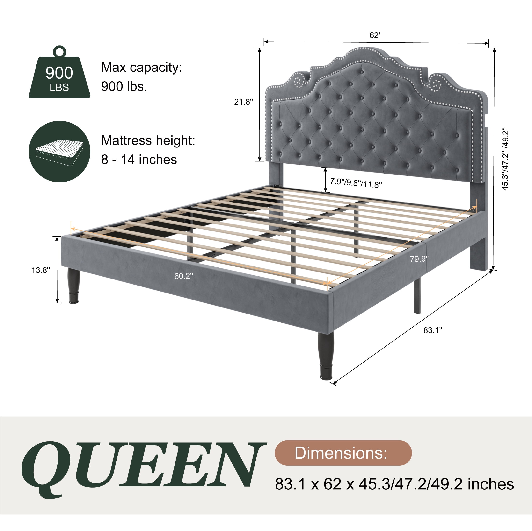 Amolife Queen Bed Frame with Adjustable Crown-Shaped Headboard, Upholstered Platform Bed, No Box Spring Required, Gray