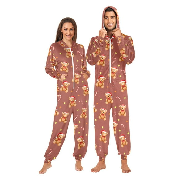 Adult Christmas Onesie Little Bear Christmas Hat Pattern Zipper One-Piece Pajamas Unisex with Pockets