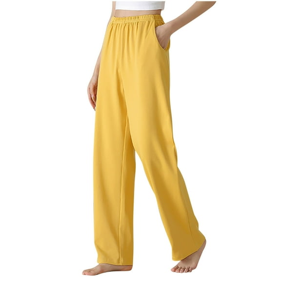 AherBiu Pajama Pants for Women Elastic High Waisted Straight Leg Comfy Loungewear Trousers with Pockets