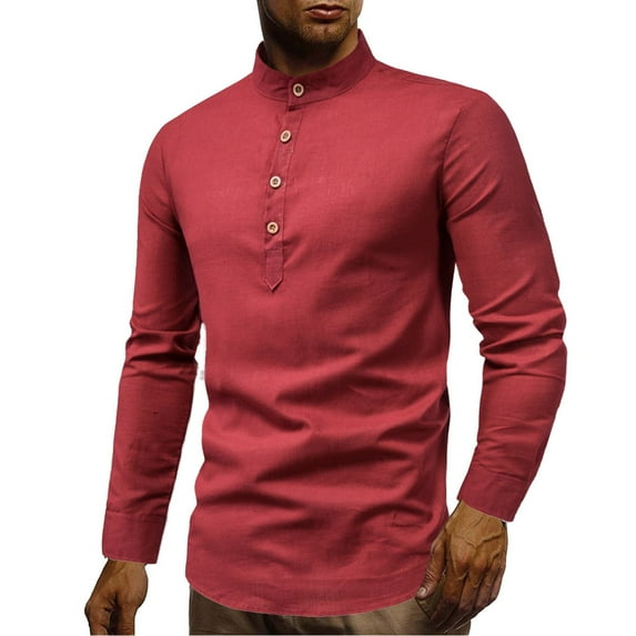 dmqupv Big And Tall Shirt And Casual Color Solid Linen Stand-Up Collar Long-Sleeved Mens Large Long Sleeve T Shirts Red X-Large