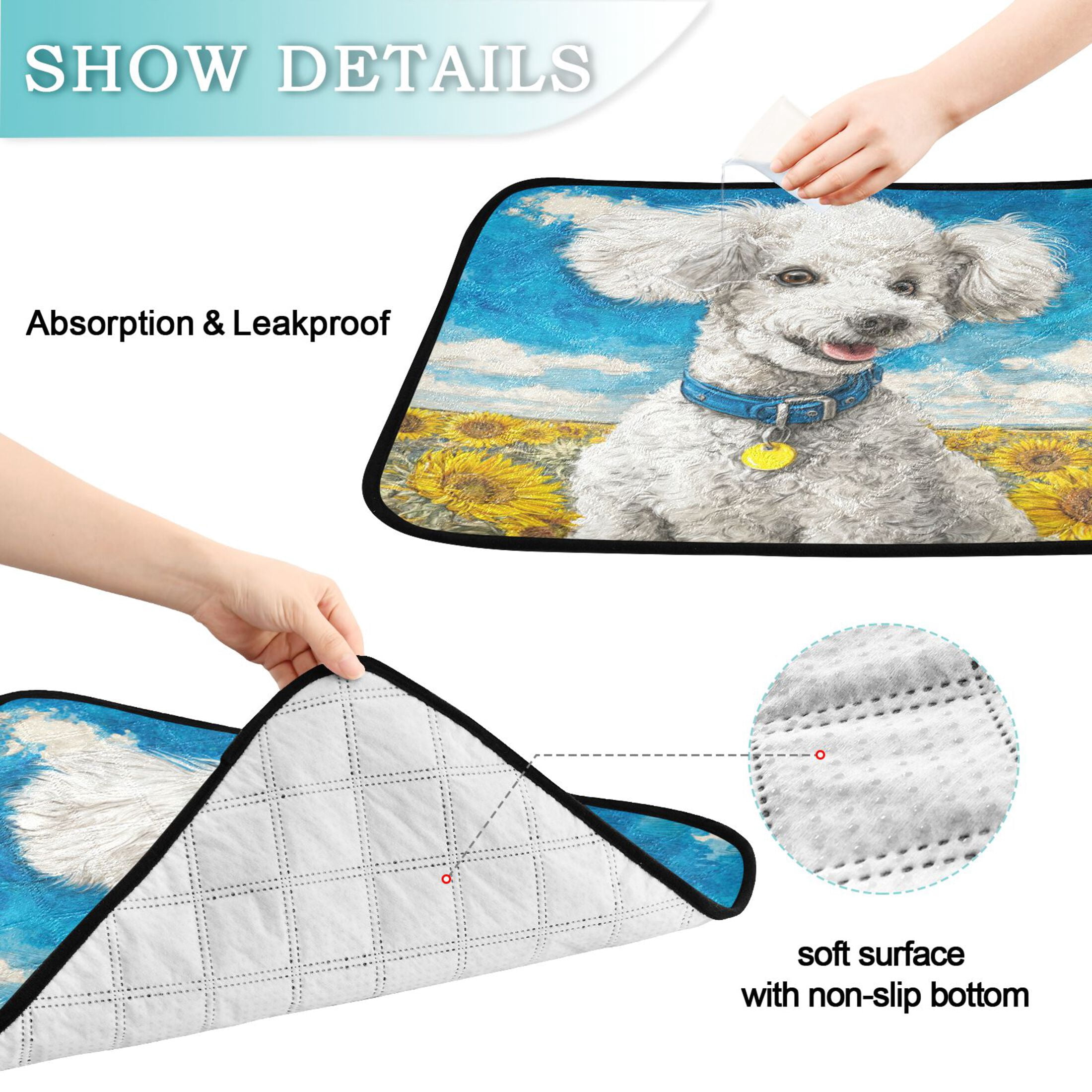 Qxltty White Poodle Cat litter Pads Pet Set of 2 Diaper Mats Center Anti-leakage Layer Absorbent Soft and Comfortable