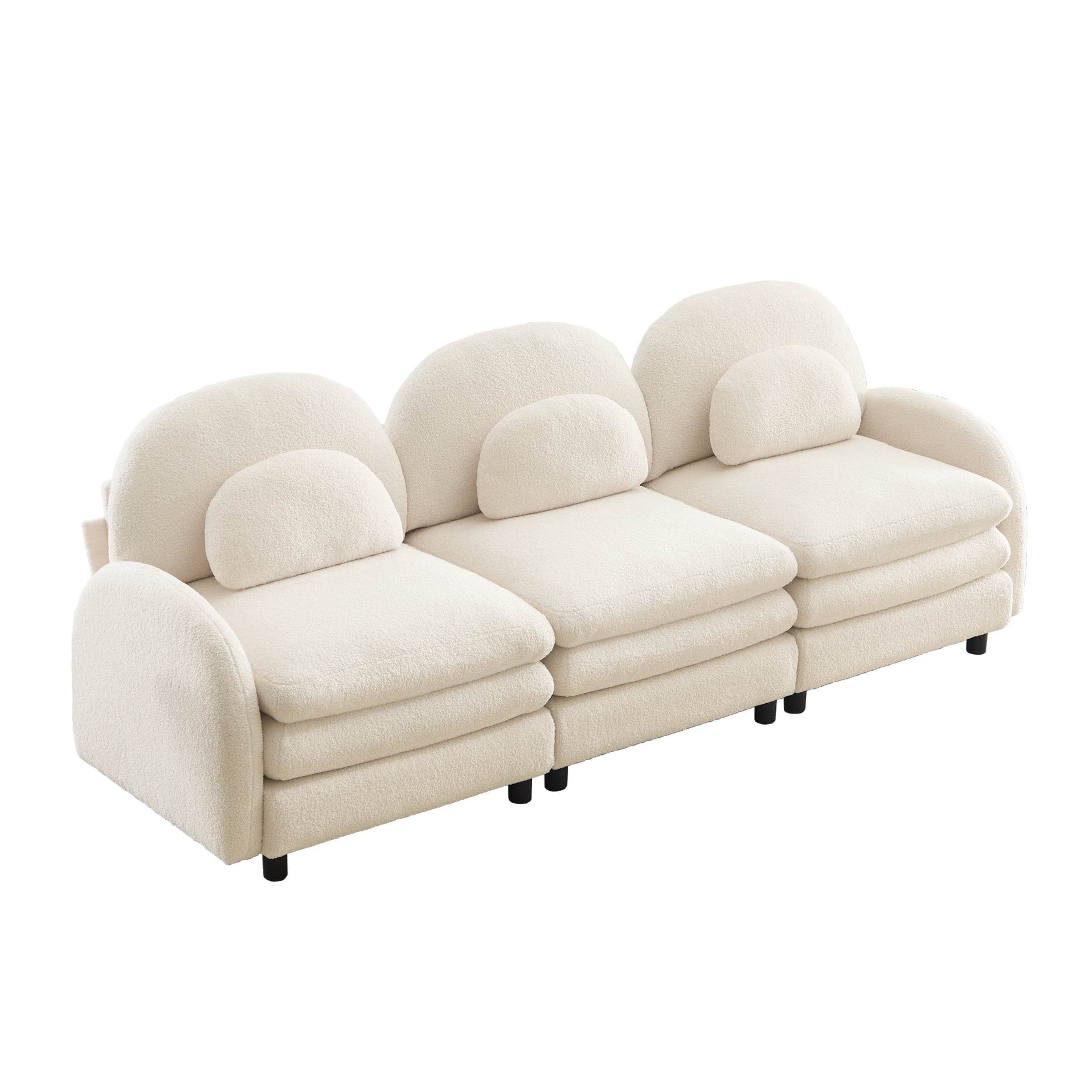 Noble House Windsor Teddy Fabric 3-Seater Sectional Sofa, Modular Cloud Couch with Lumbar Pillows, Beige
