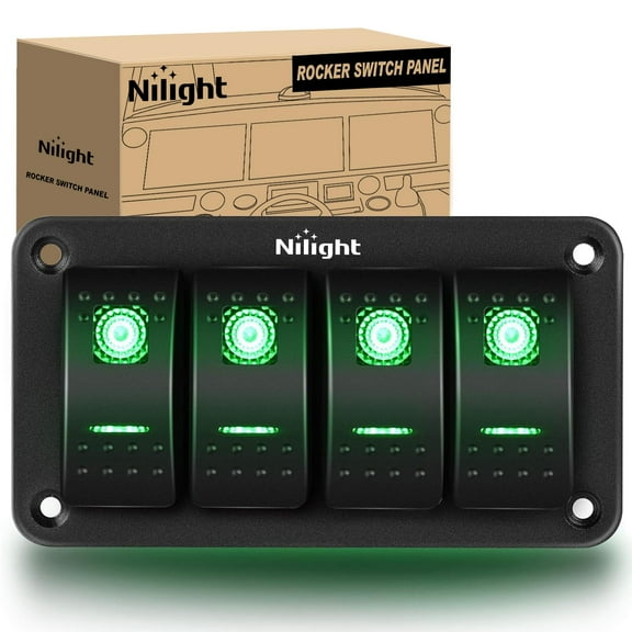 Nilight 4 Gang Rocker Switch Panel 5Pin On Off Toggle Aluminum Holder 12V 24V Dash Pre-Wired Green Backlit Switches for Automotive Cars Marine Boats RVs Truck