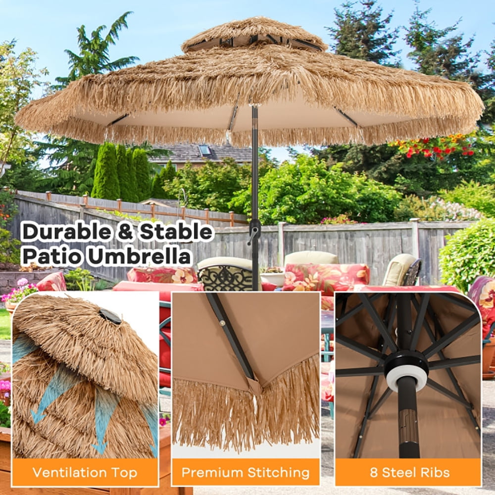 Aimee Lii 10 Feet Hawaiian Style Solar Lighted Thatched Tiki Patio Umbrella, Patio Table Umbrella