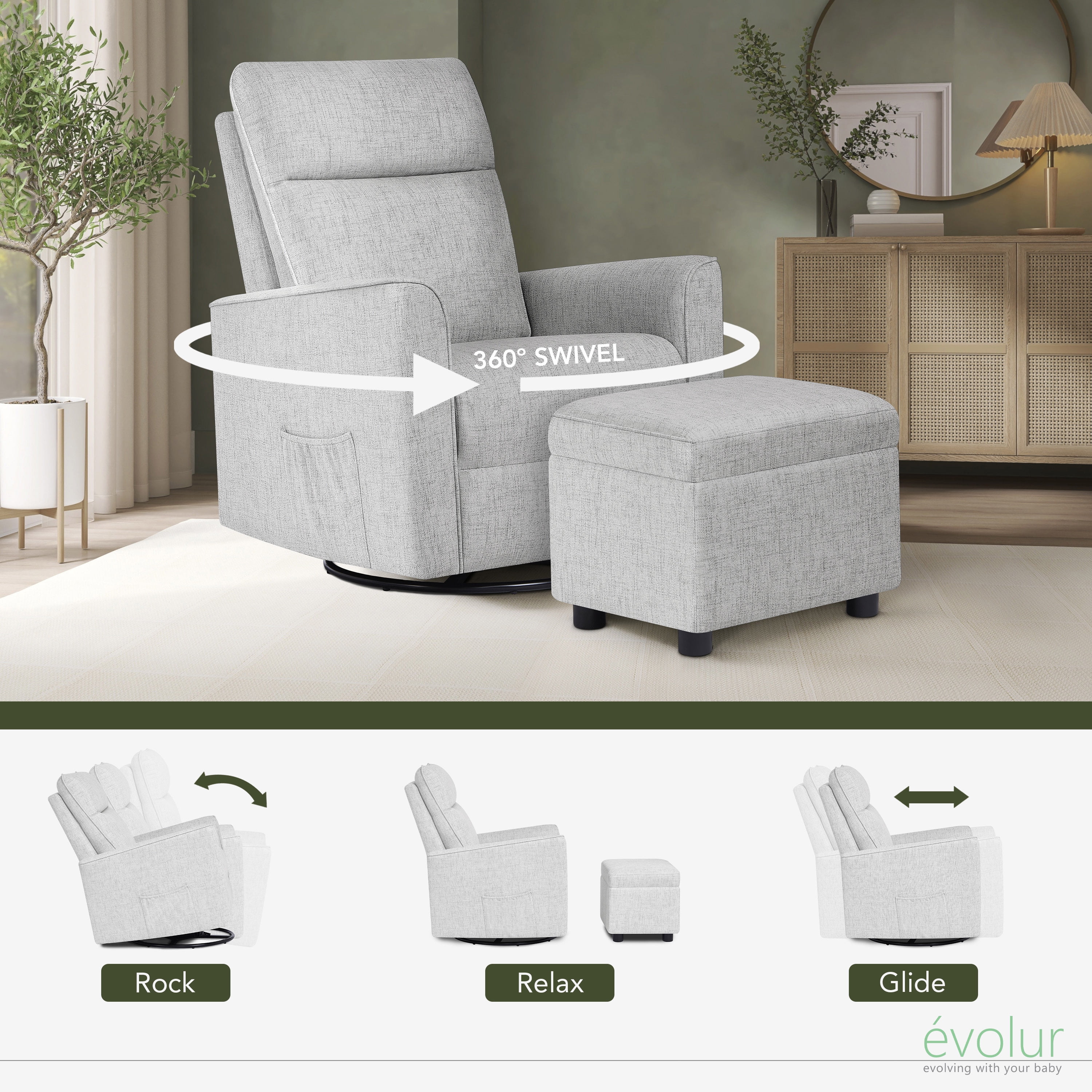 Evolur Aria Swivel Glider with Ottoman / Swivel Glider / Easy assembly Leisure Chair, Fog Grey