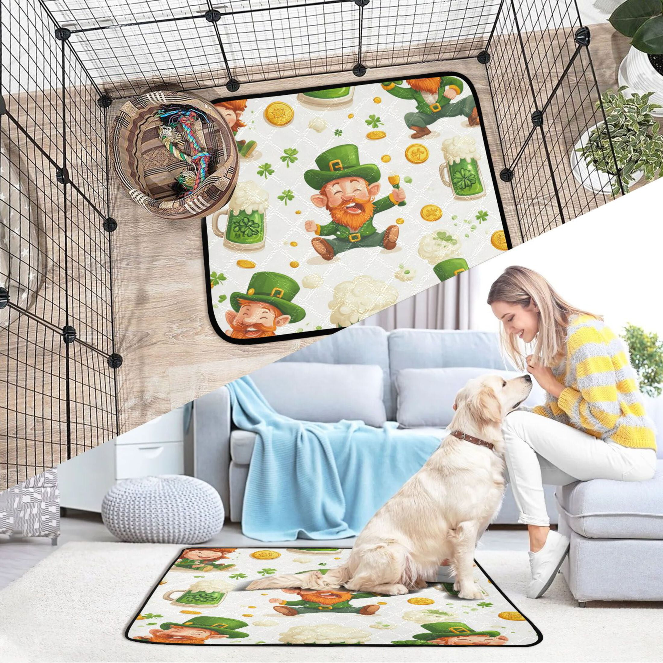 Qxltty St Patricks Pattern with Leprechauns and Green Beer Mugs Cat litter Pads Pet Set of 3 Diaper Mats Center Anti-leakage Layer Absorbent Soft and Comfortable
