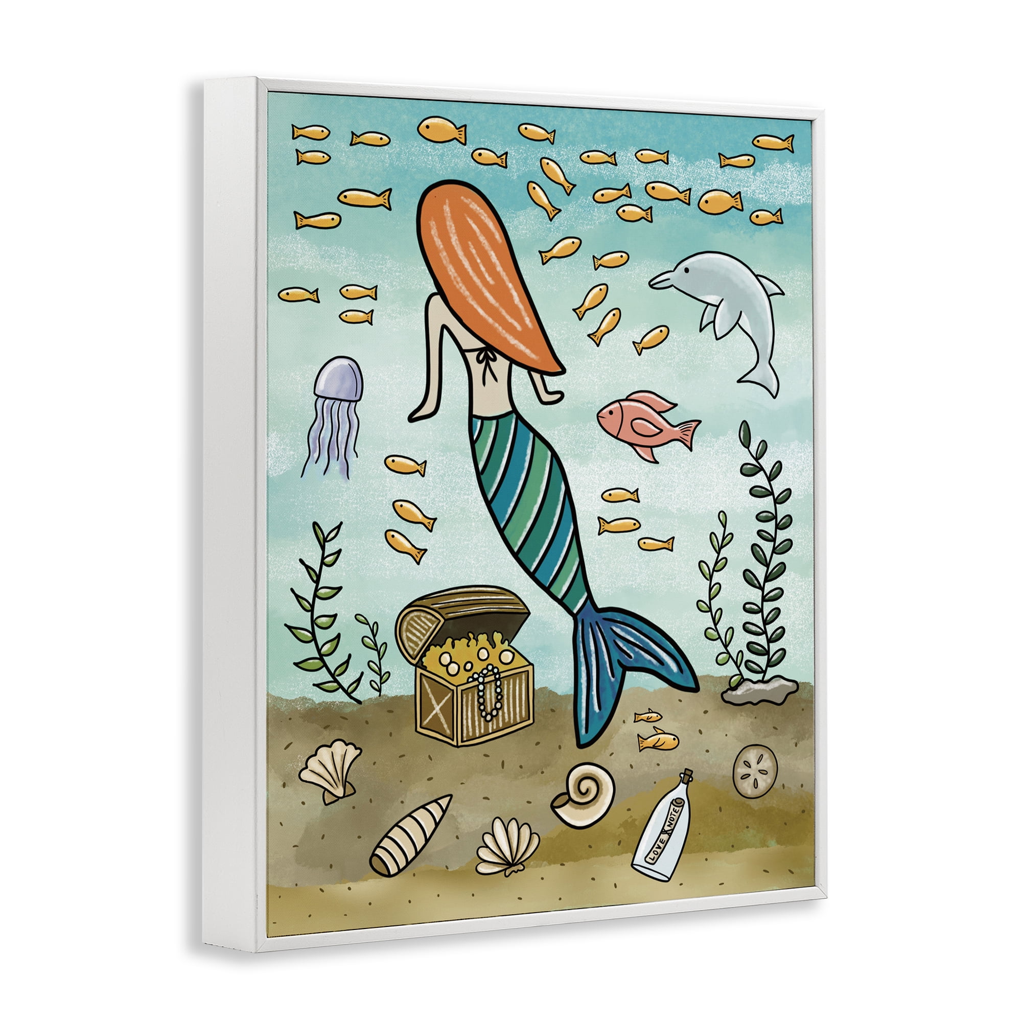 Mermaid Treasure Love Note White Framed Giclee Art, design by Jennifer Stith