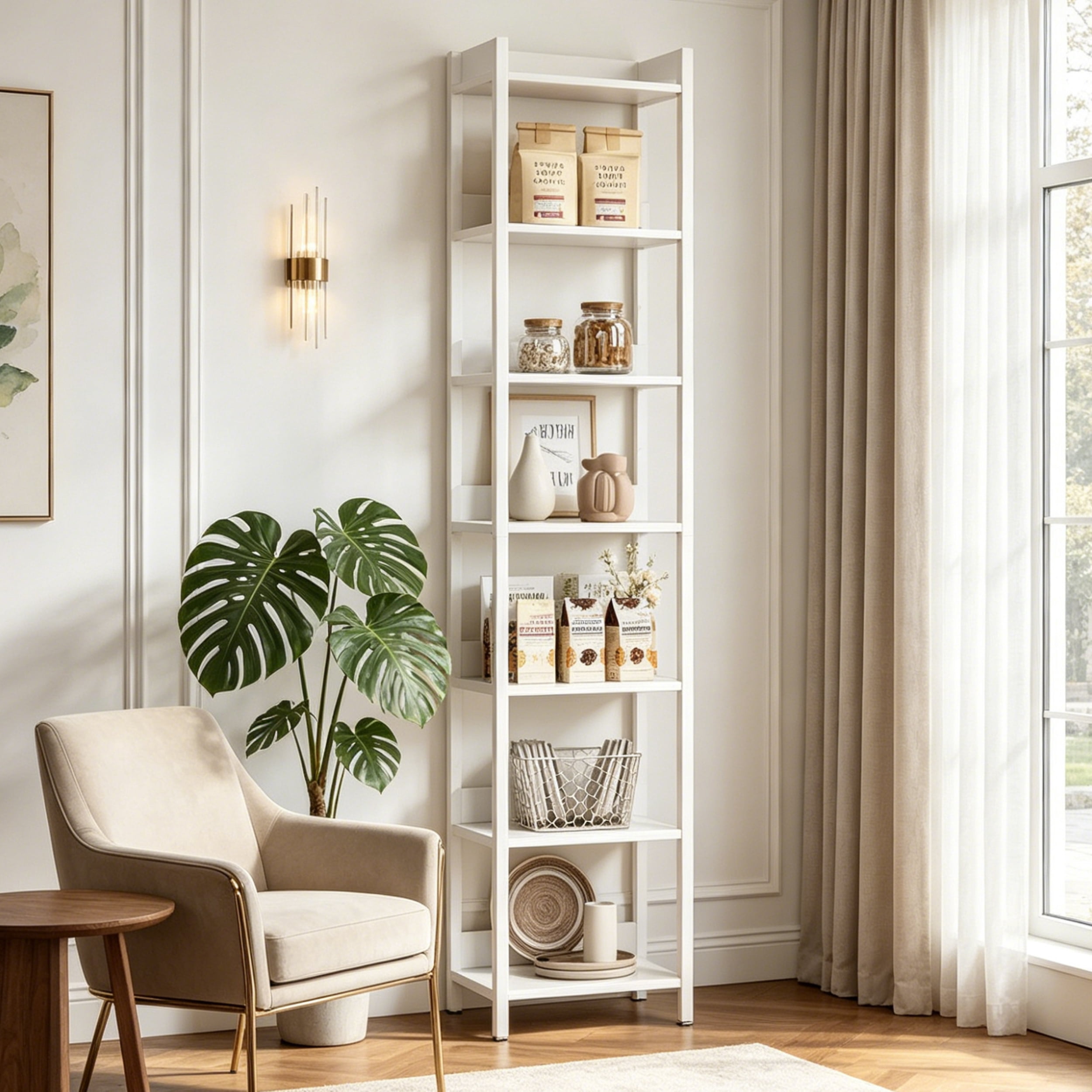 Fnova 78.7" 7-Tier Tall Storage Shelf, Narrow Metal Wood Bookshelf for Small Spaces, Office, Library, Living Room