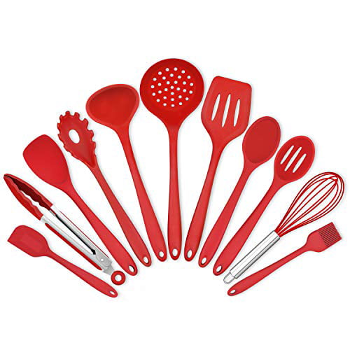 Dishwasher Safe 3 Piece Kitchen Tool Spatula and Basting Brush Cooking Light Silicone Spoonula Red Heat Resistant and Non-Stick Cookware Cooking Utensil Set 