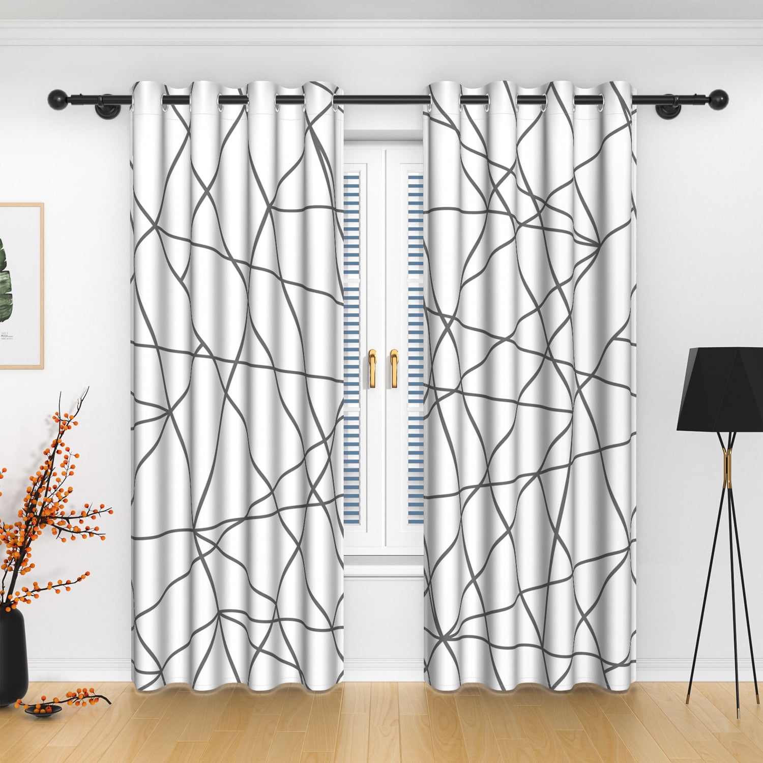 Lfeey White Blackout Curtains, Geometric Silver Line Top Grommet Curtains, White, 42x72 inches, 2 panels