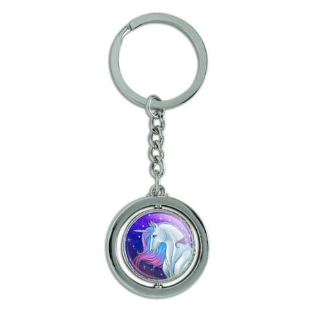 Chrome Metal Keychain Key Ring - Majestic Unicorn Pink Purple Blue Spinning Round Chrome Plated Metal Keychain Key Chain Ring