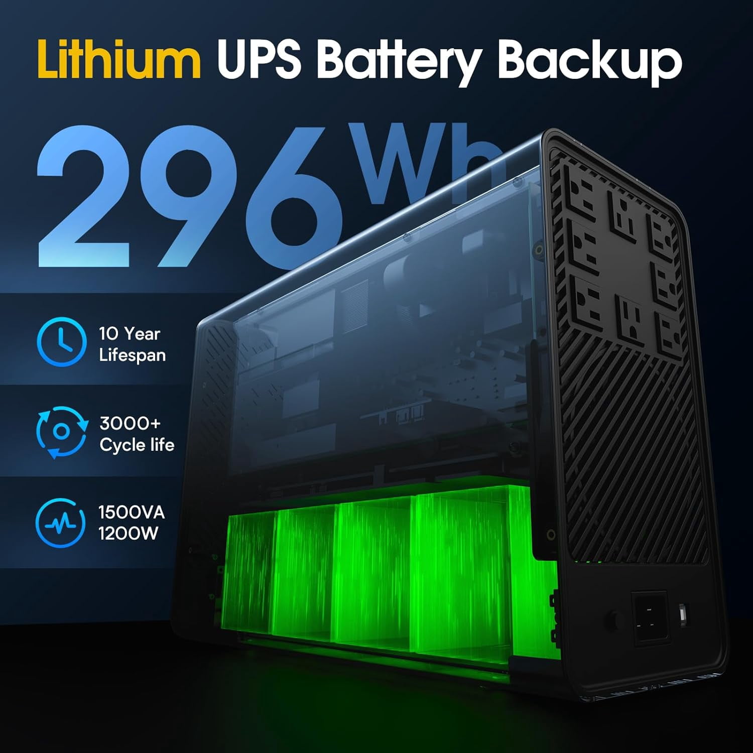 GOLDENMATE 1500VA/1200W Lithium UPS Battery Backup and Surge Protector, Backup Battery Power Supply with LiFePO4 Batteries(296Wh), AVR, Line Interactive Sinewave UPS System, 8 Ports, LCD Screen, Gray