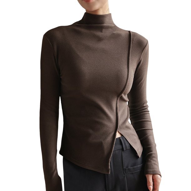 Camiseta básica de manga larga para mujer: cuello alto, corte ajustado, elástica y ligera, blusa para combinar con otras prendas, ideal para hacer ejercicio o para un look informal.