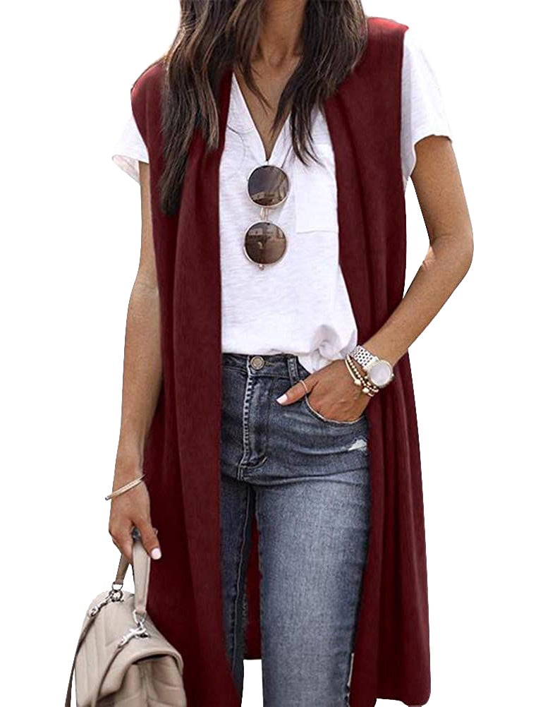 Women Solid Color Sleeveless Long Vest Cardigan Walmart.com