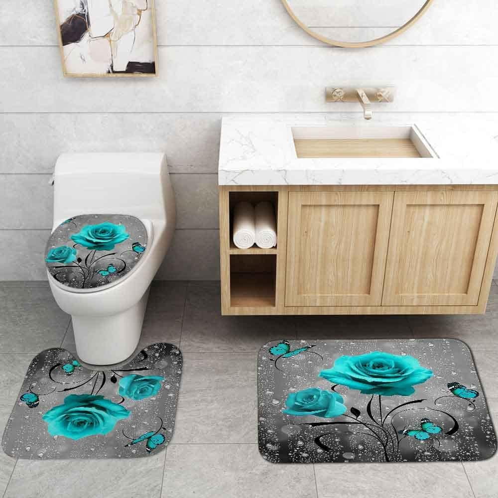 4PCS Farmhouse Shower Curtain Set, Bless This Home Cotton Flower Teal Pitcher Vase Moroccan Country Rustic Bathroom Decor, Waterproof Fabric White Shower Curtain, Non-Slip Bath Mat Toilet Rug