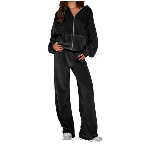 Wdfiry Sweatsuits Set for Women Womens Coat 2 Piece Outfit Sets Open Front Zip Hooded Sweatshirt Coat and Jogger Sweatpant Lounge Sets Tracksuit Sets with Pocket Clearance